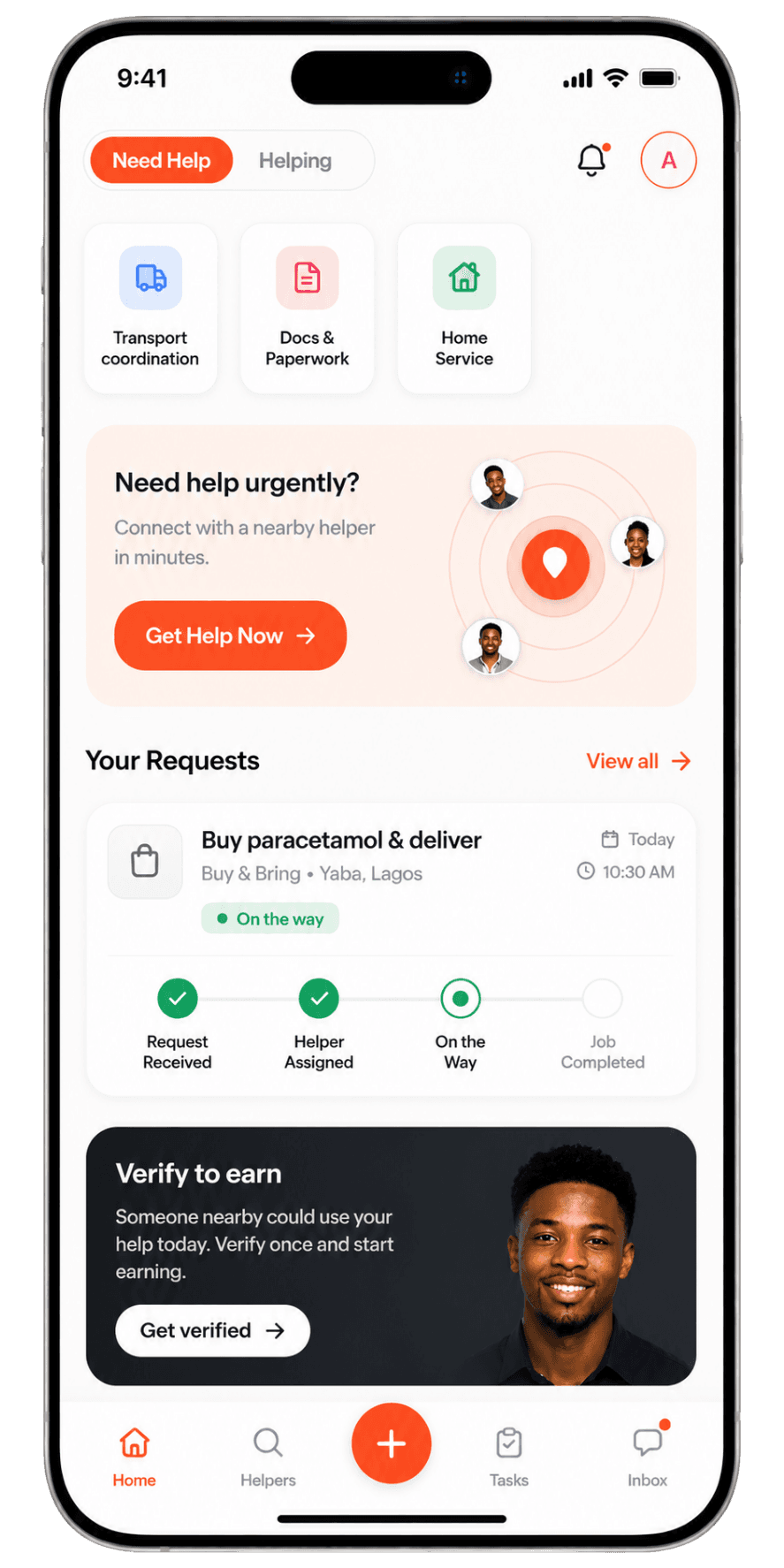 Live updates screen: Helper en route → arrived → delivered