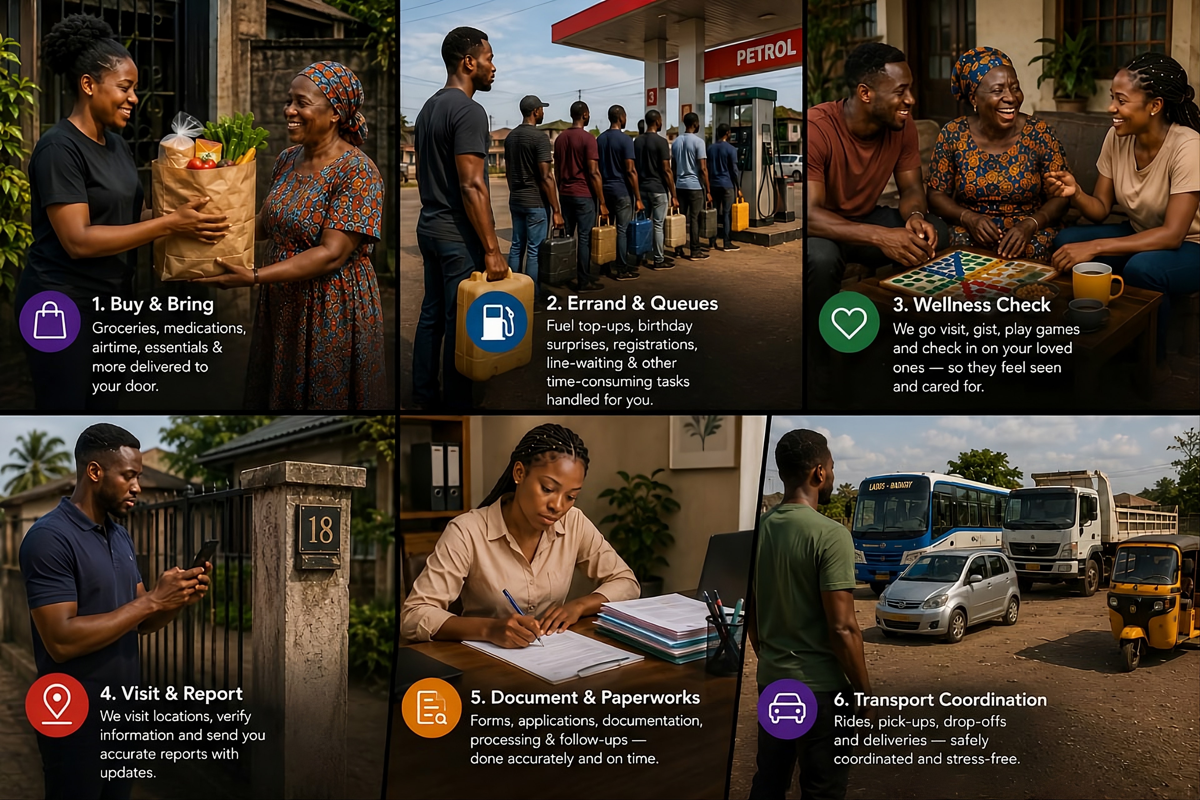 Montage of Helpers at work across all six categories