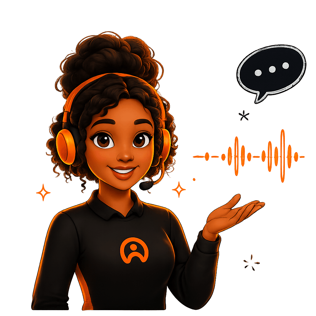Aurex, Aure's voice assistant, smiling with a headset on