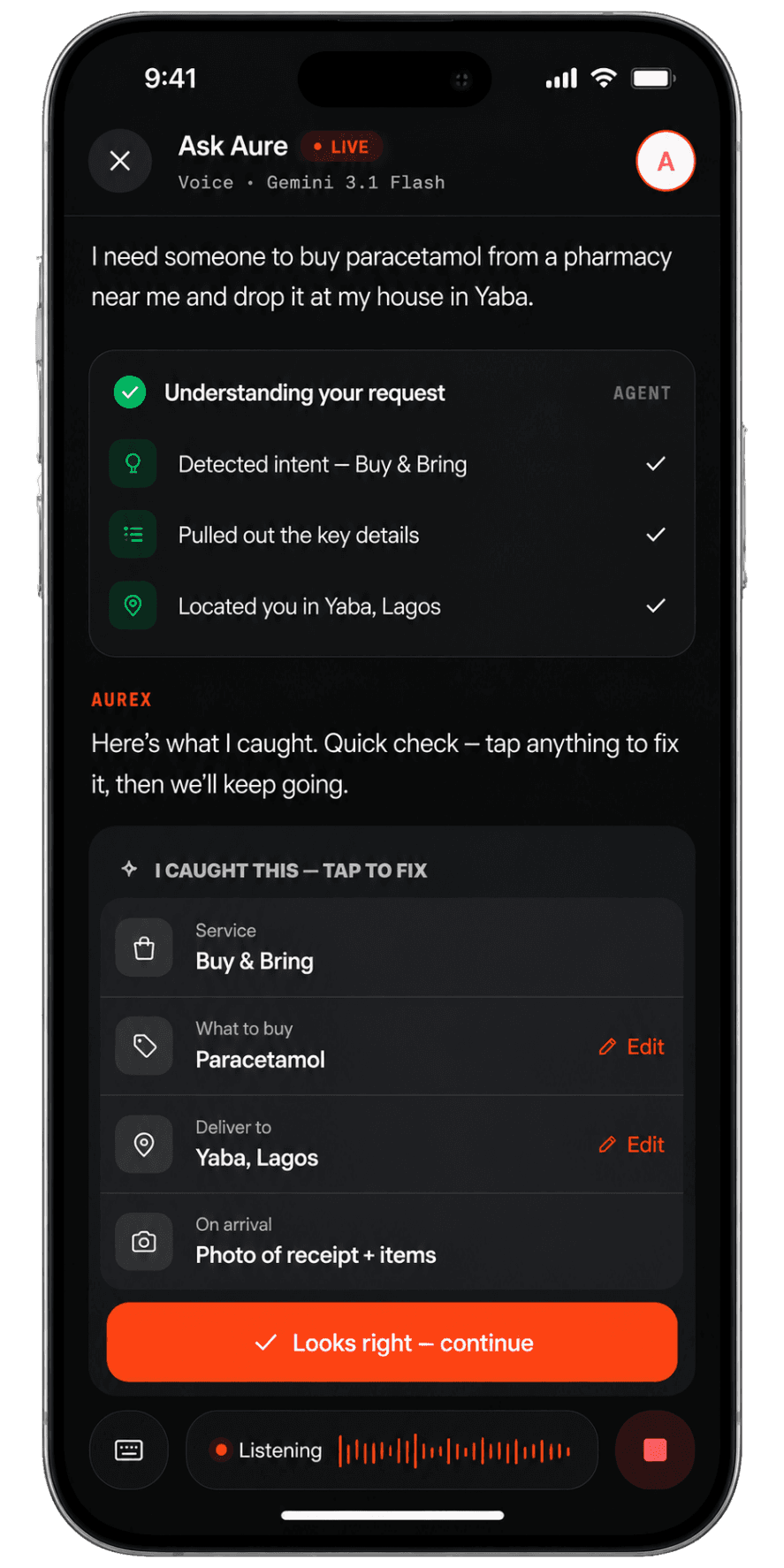 Aurex listening screen mid-request, waveform active, words appearing