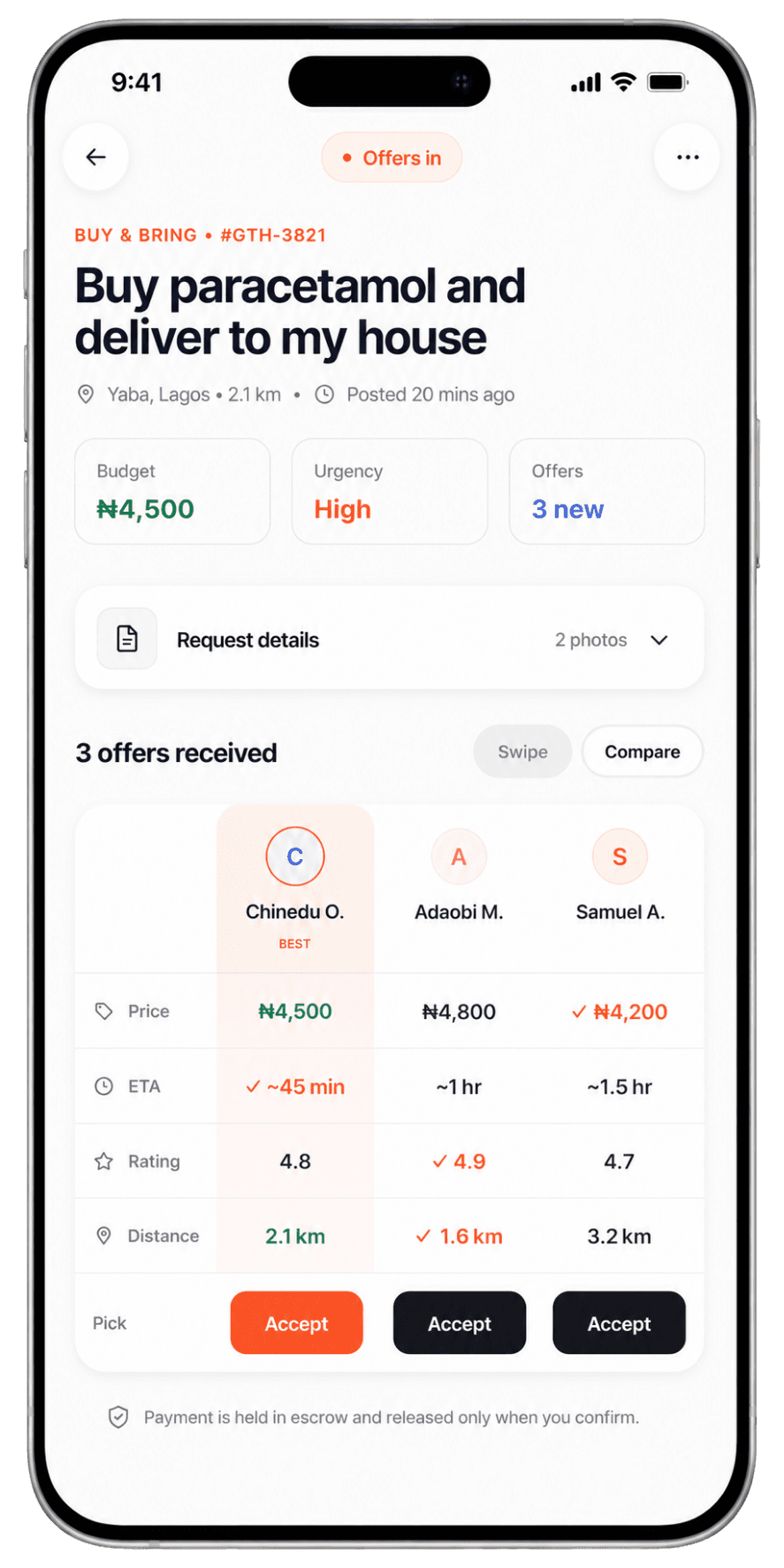 Helper offers list showing trust badges, distances and ₦ prices