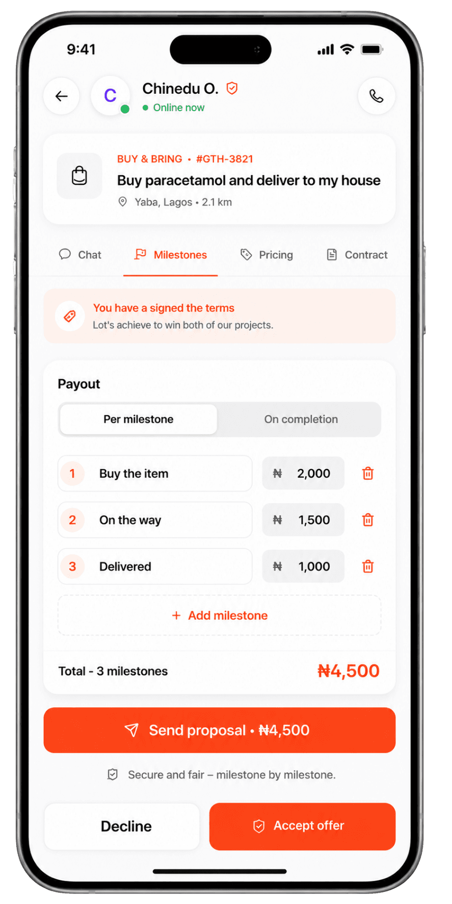 Pricing screen: fixed price vs Helper offers with ₦ amounts